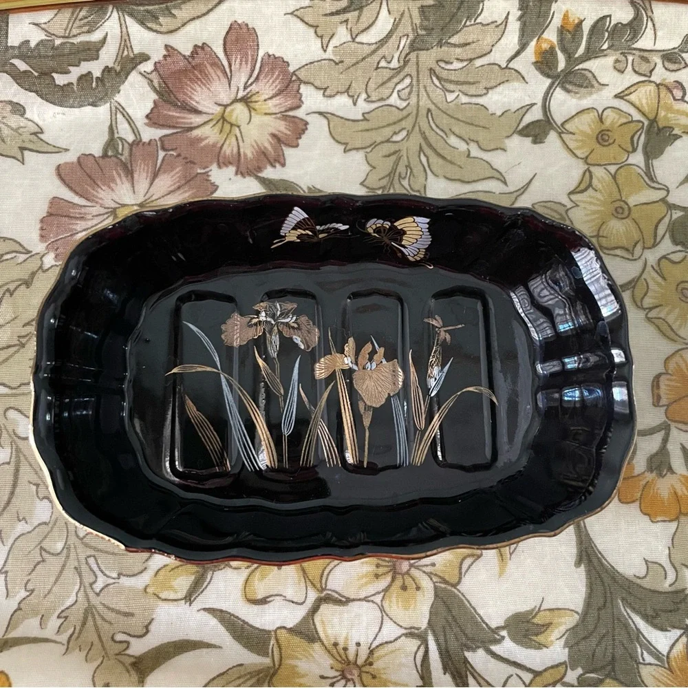 Kutani | Vintage Japanese Black Gold Iris Butterfly Soap Trinket Dish | Fairy